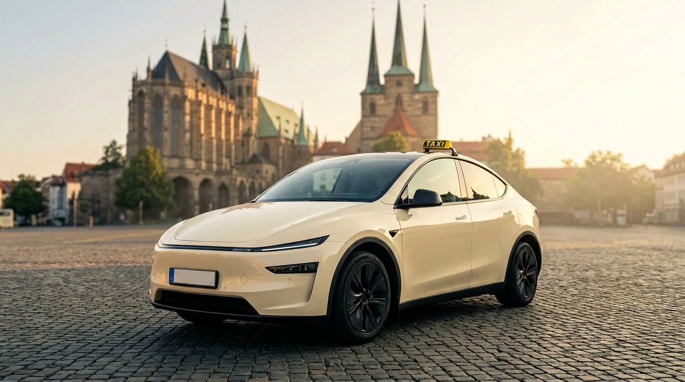 Elfenbeinfarbener Tesla Model Y Juniper als Taxi mit deutschem Taxischild in der Erfurter Altstadt
